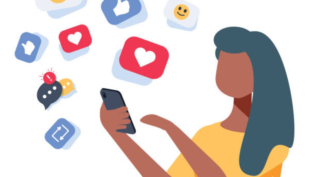 Young african-american woman using a smartphone with many social media heart like icons. Woman getting likes in social network. Vector cartoon illustration isolated on white background. Square layout.