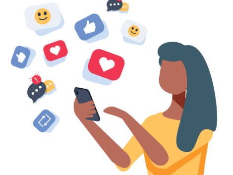 Young african-american woman using a smartphone with many social media heart like icons. Woman getting likes in social network. Vector cartoon illustration isolated on white background. Square layout.